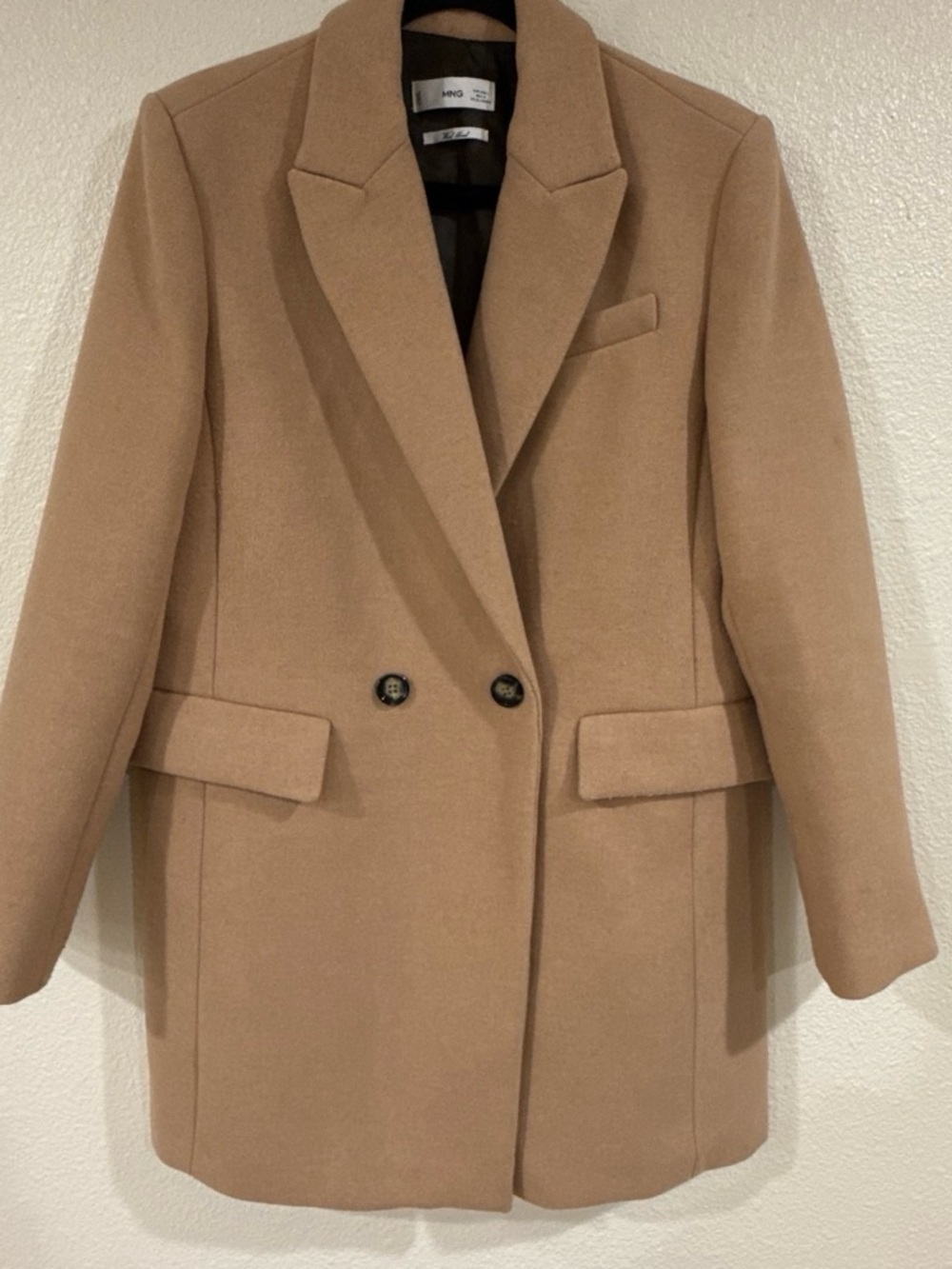 Mango Camel Double-Breasted Wool-Blend Pea Coat